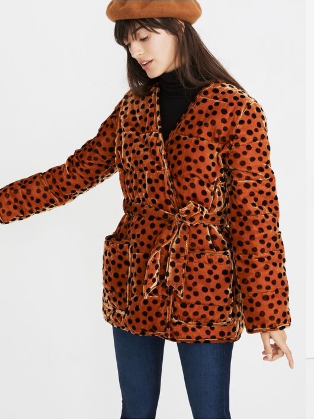 Madewell Velvet Quilted Wrap Jacket in Leopard Dot